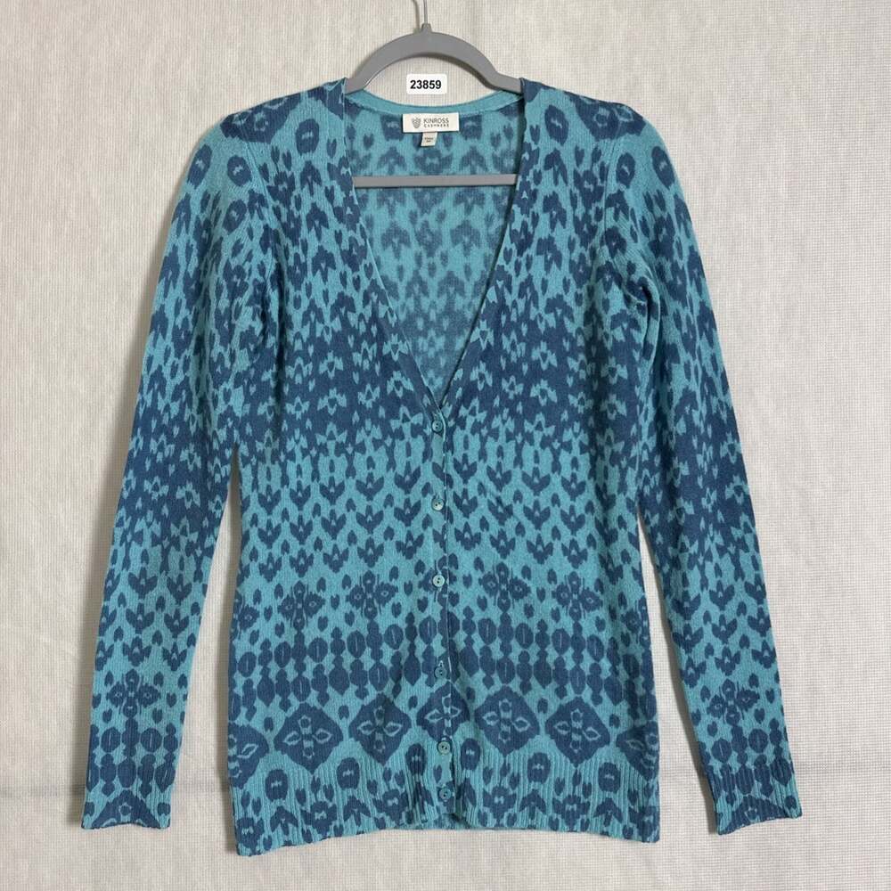 Kinross Cashmere Women's Medium Blue Long Sleeve Button Up V Sweater Cardigan